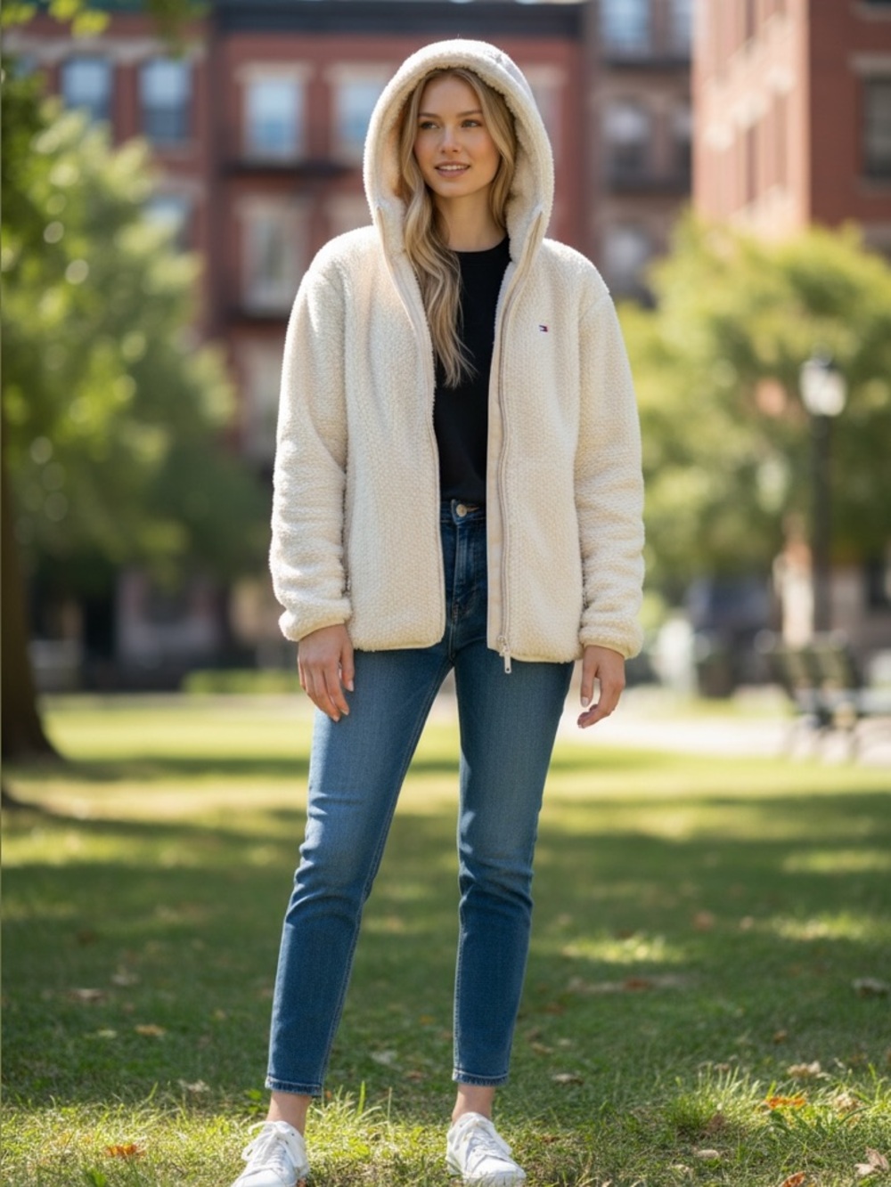 Tommy Hilfiger Teddy Sherpa Jacket Women’s Small Petite Hooded Full Zip Fleece